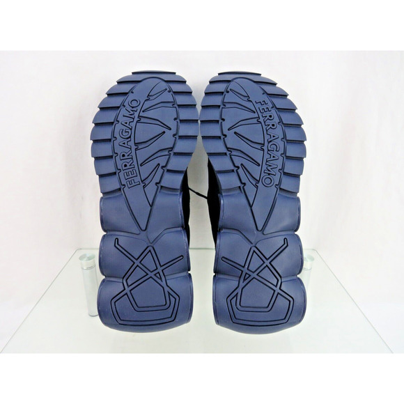NIB FERRAGAMO DARK BLUE NIMA MESH LEATHER LOGO LOW SNEAKERS US 9.5 42.5 ITALY